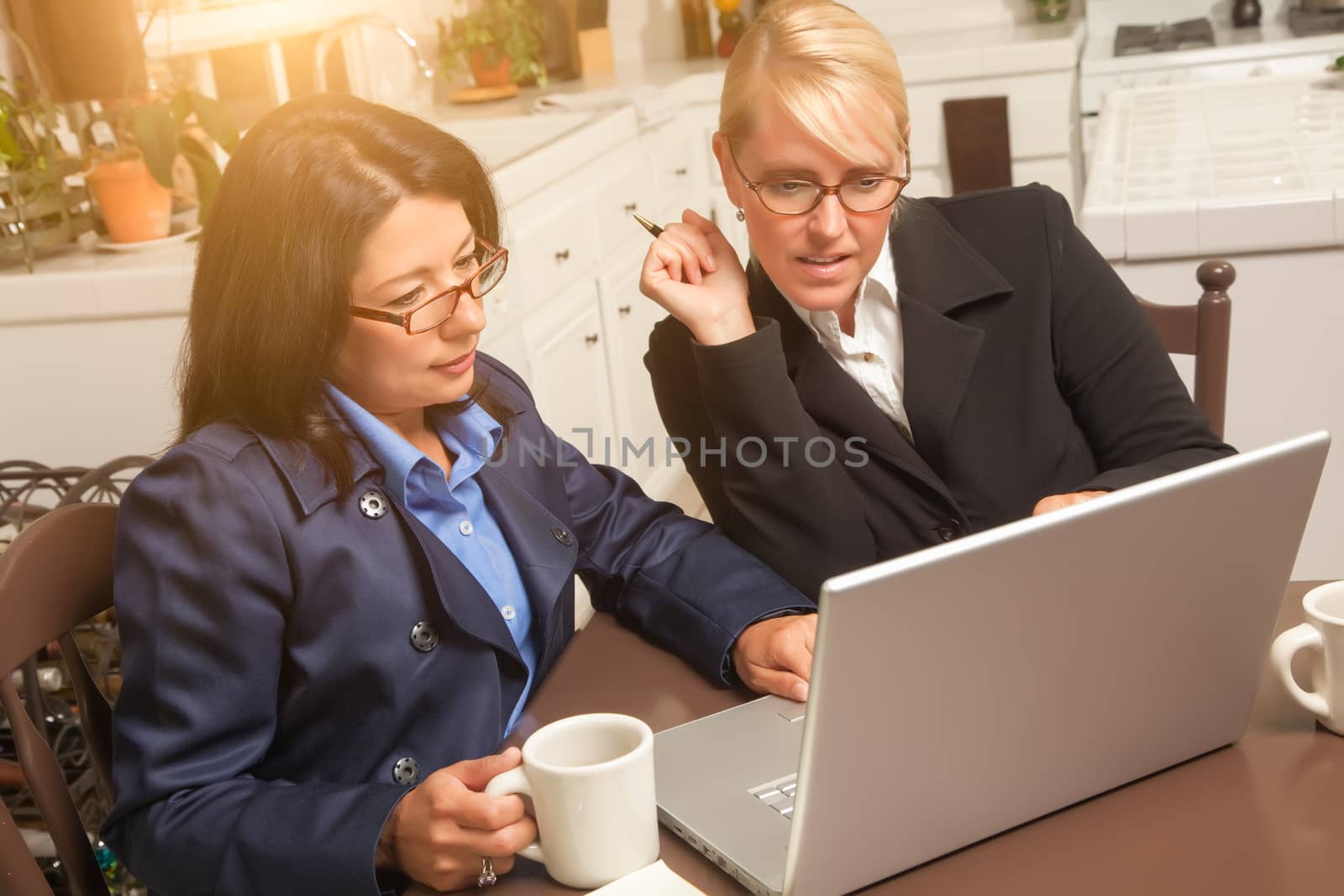 Businesswomen Working on the Laptop Together in the Kitchen.