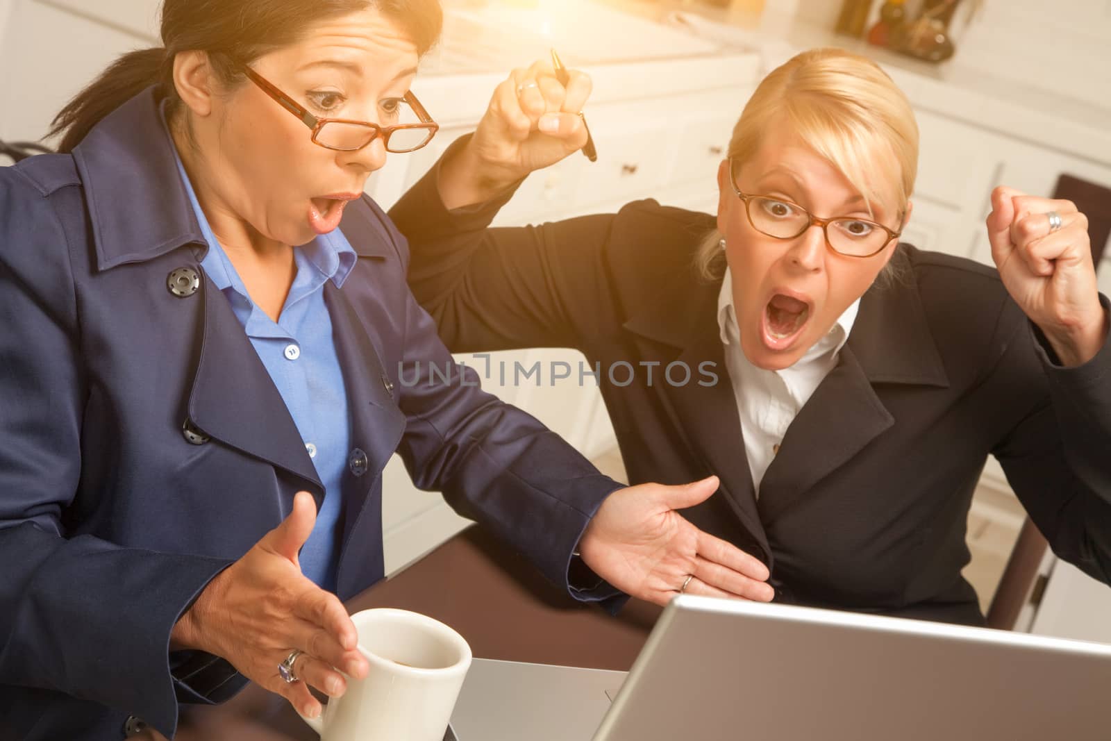 Businesswomen Celebrate Success on the Laptop in the Kitchen.