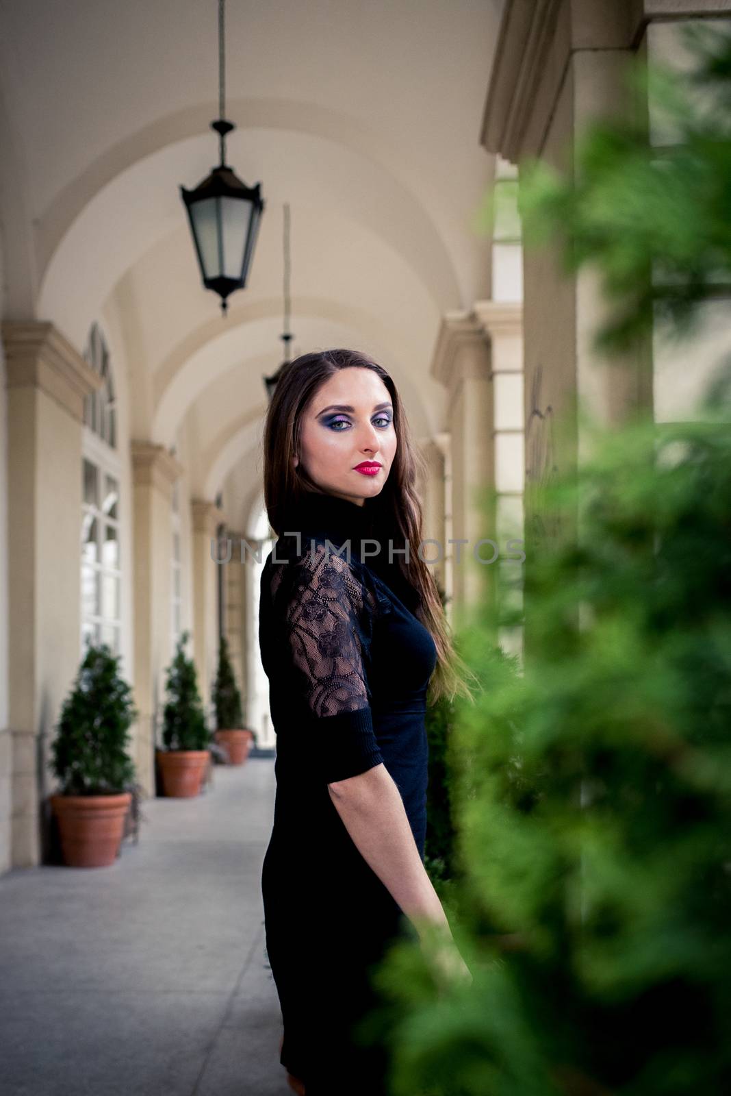 beautiful girl in black in the city