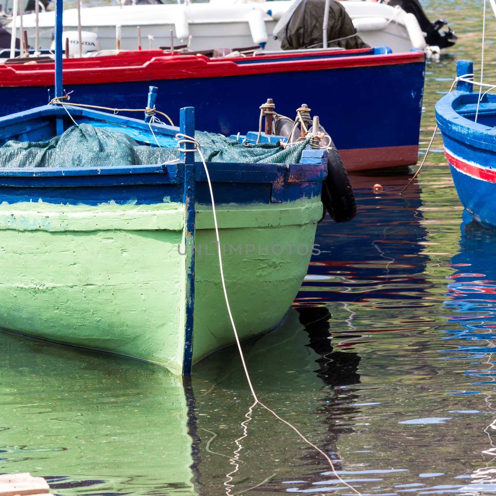 Small traditional fishing boat, made of wood, coloured, painted, Sicily