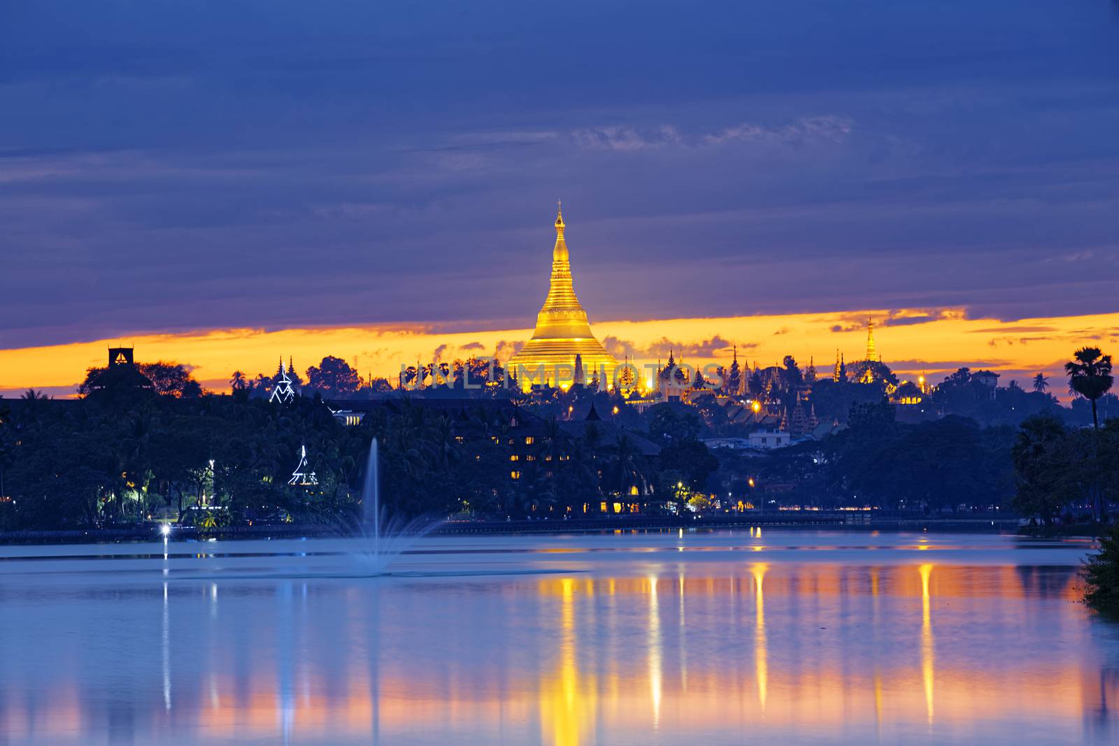 Shwedagon Pagoda at sunset , Myanmar Yangon landmark