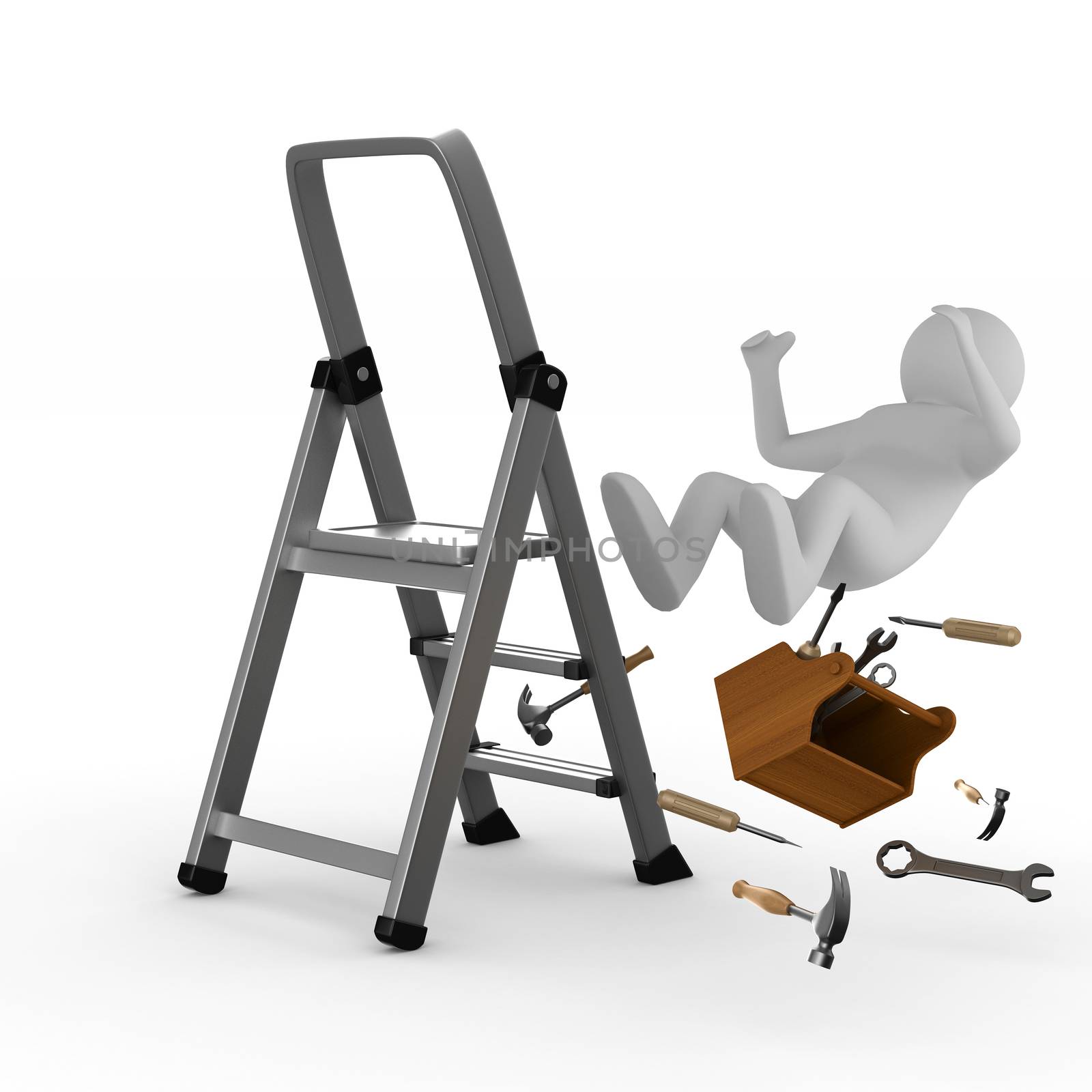 man falls from ladder on white background. Isolated 3D image by ISerg
