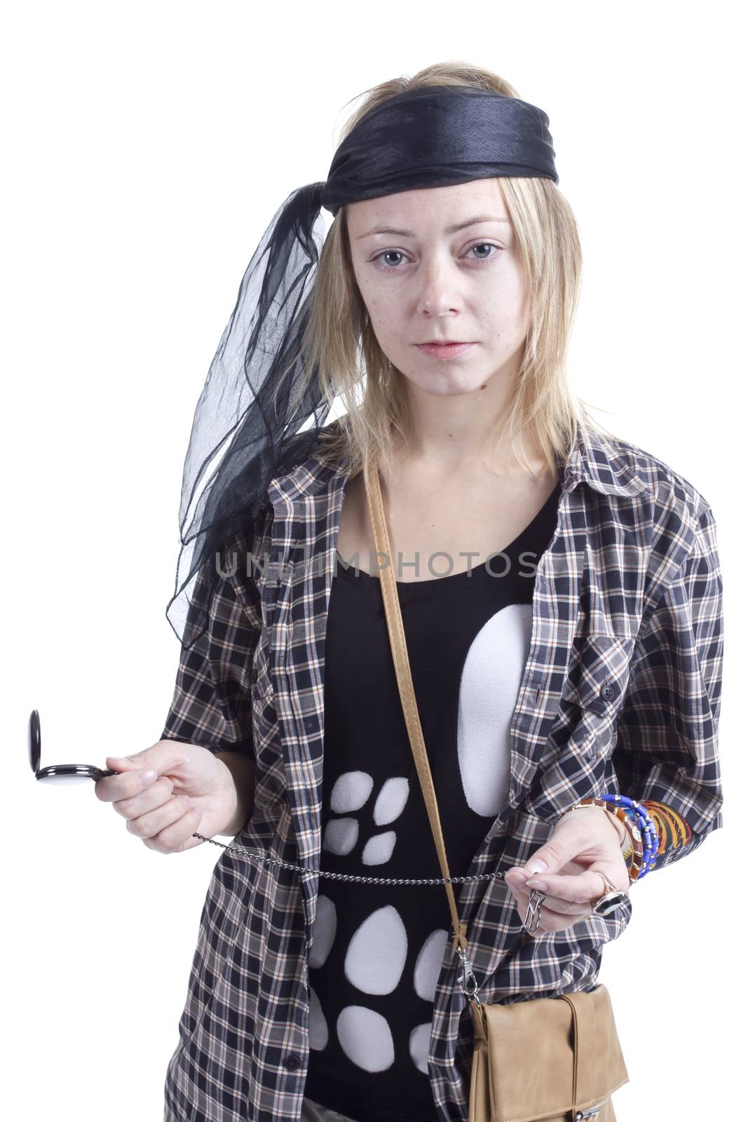 Young woman in the image of a pirate on a white background