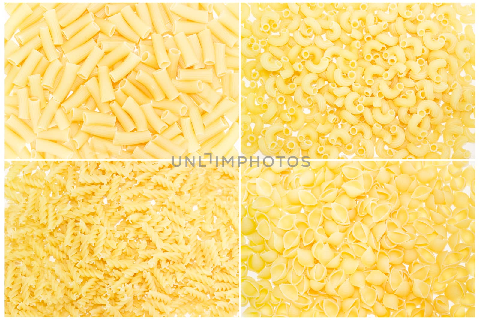 Set of backgrounds of several uncooked pasta different varieties and shapes 
