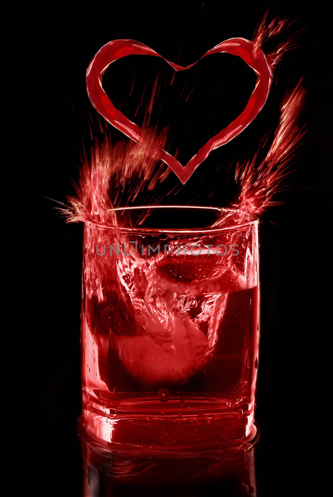 The drink of love on black background, splash and heart by Gaina