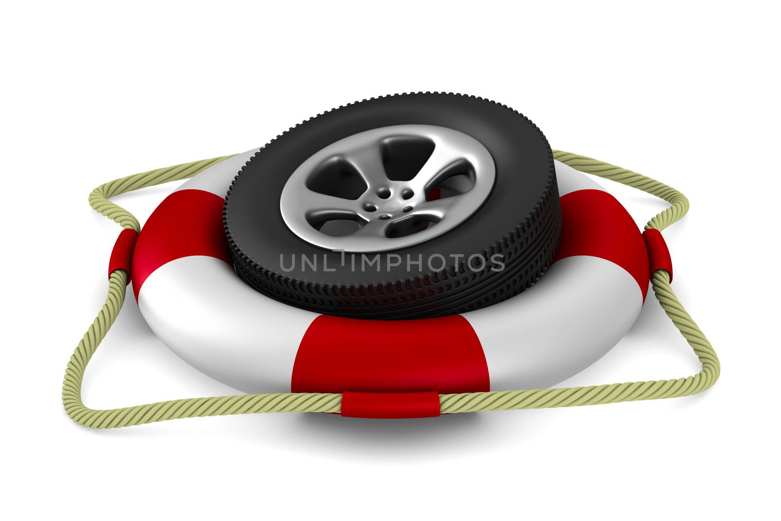 disk wheel into lifebuoy on white background. Isolated 3D image