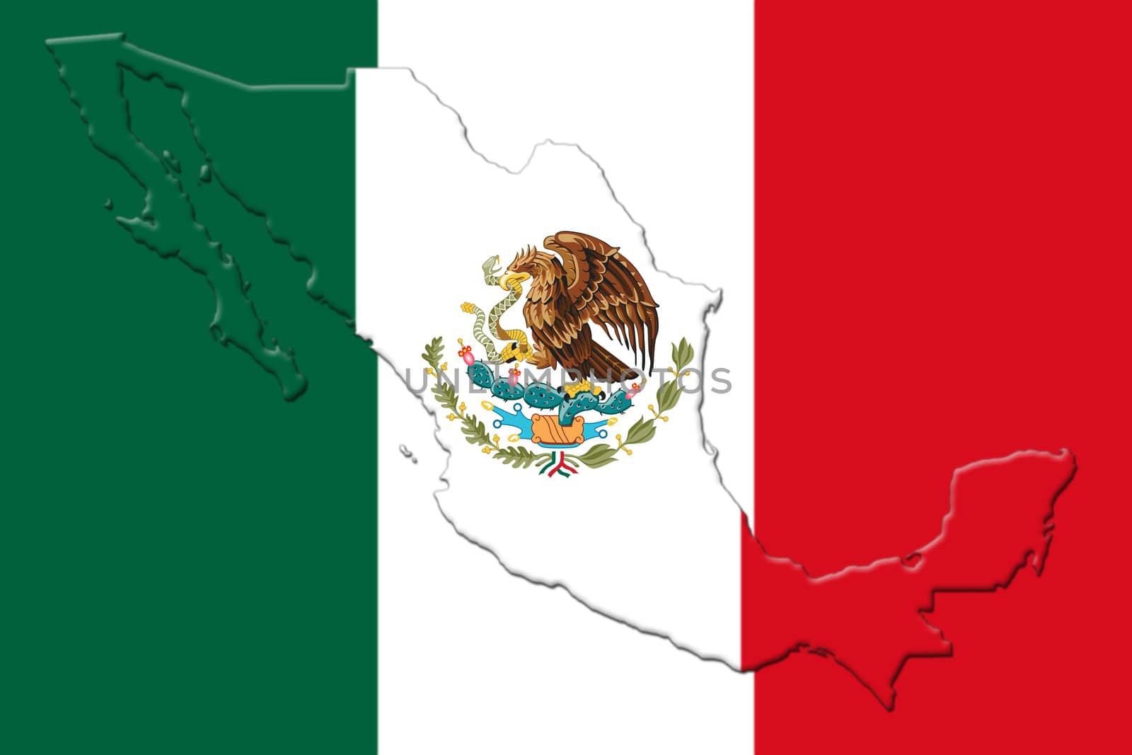Mexican National Flag With Eagle Coat Of Arms In Shape Of Mexican Map On White Background 3D Rendering