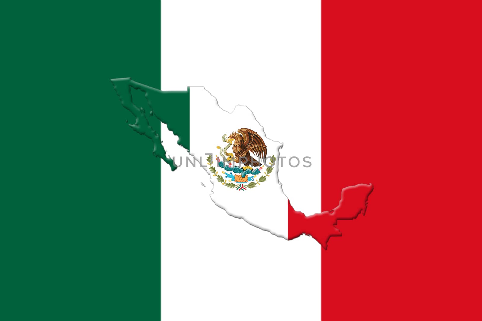 Mexican National Flag With Eagle Coat Of Arms In Shape Of Mexican Map 3D Rendering