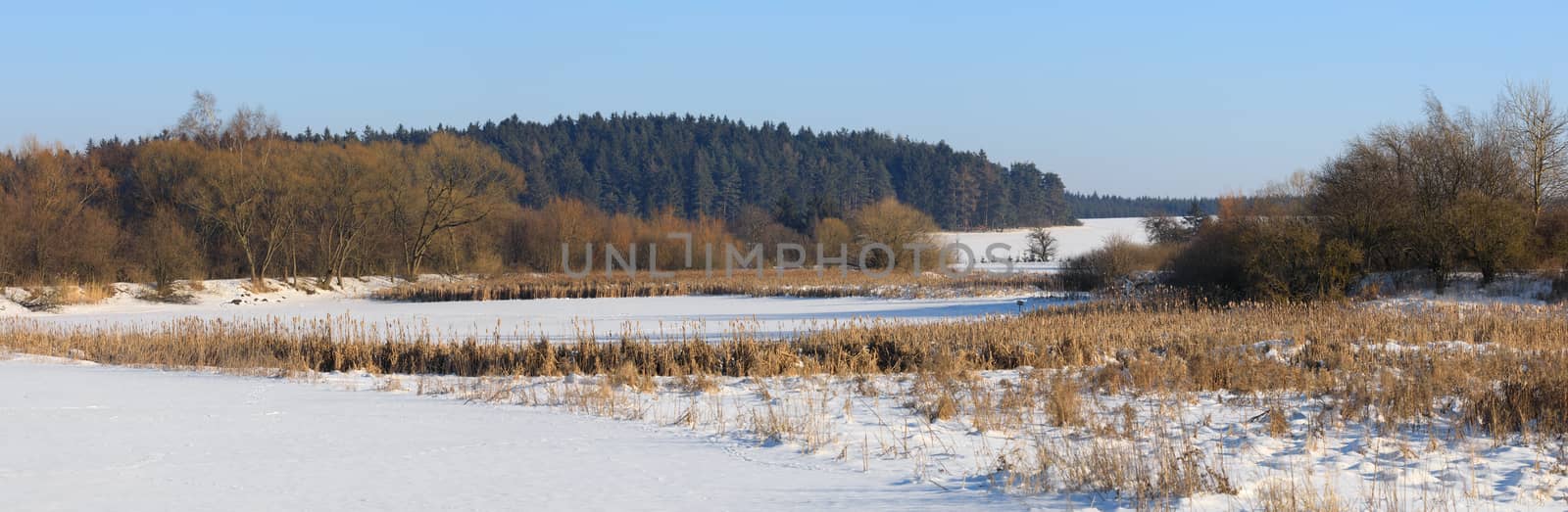 panorama of Beautiful winter rural landscape with frozen small pond. Czech beautiful highland vysocina european countryside