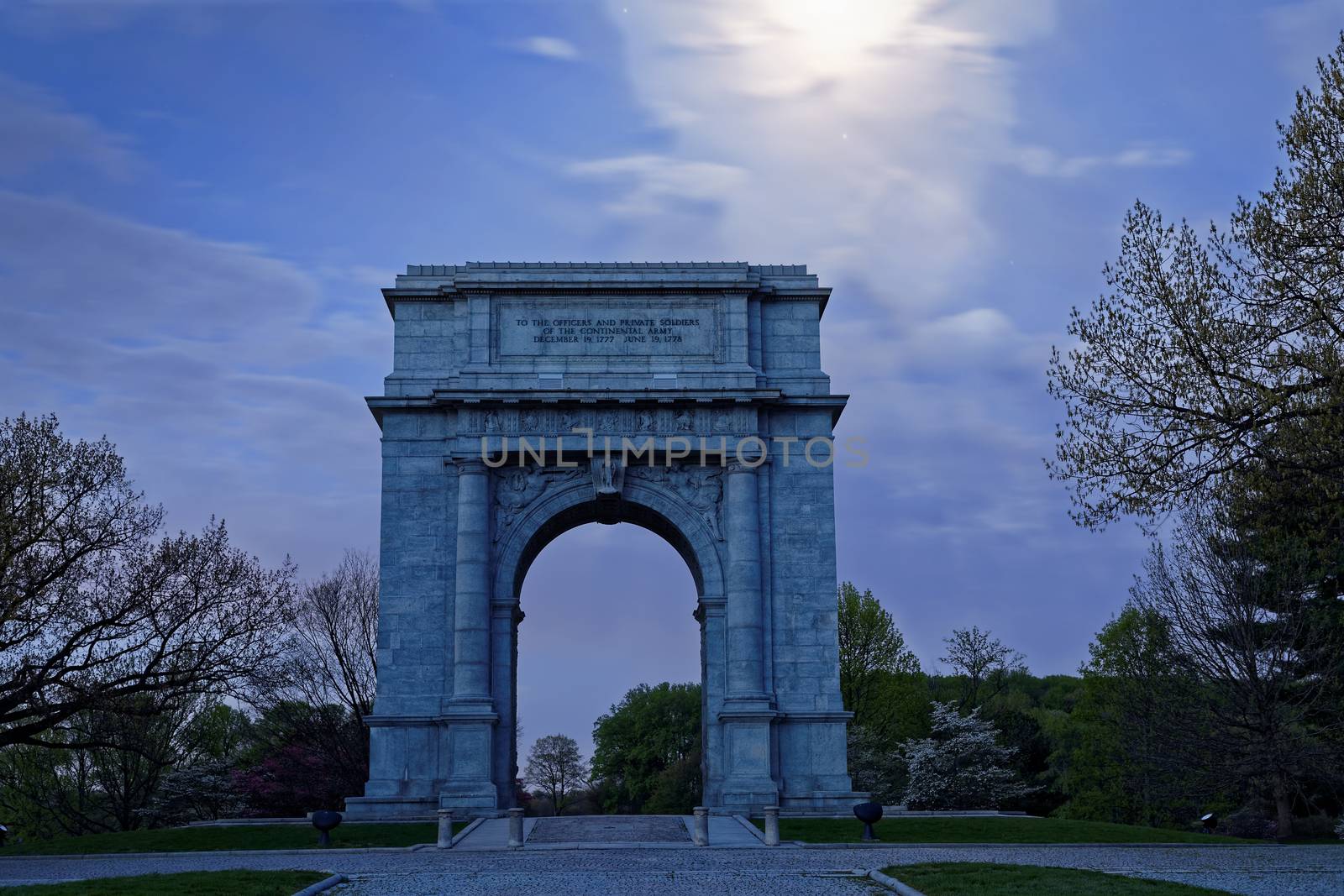 Valley Forge National Memorial Arch in Moonlight by DelmasLehman