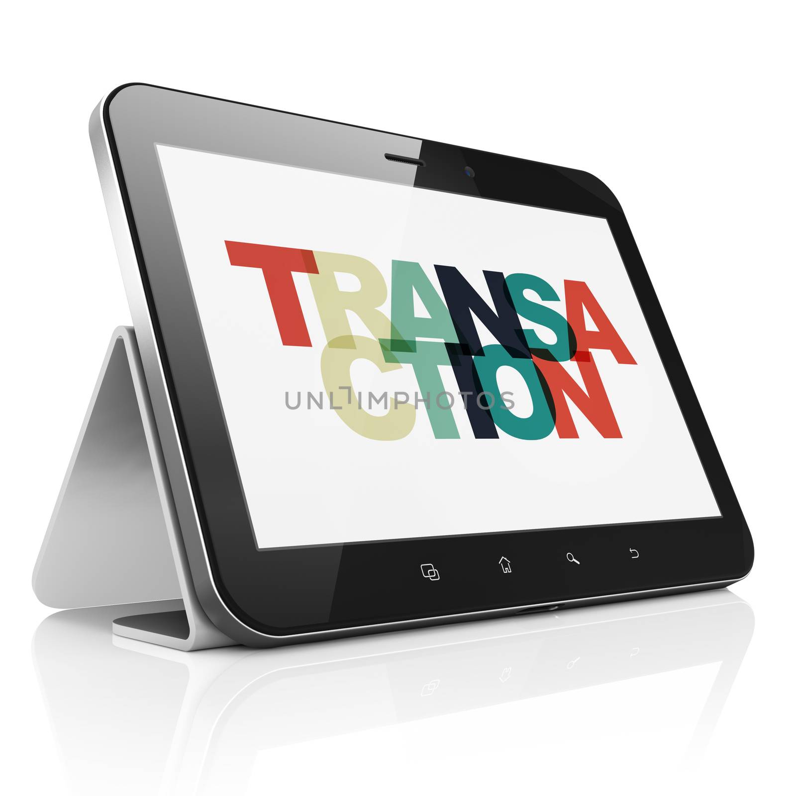 Currency concept: Tablet Computer with Painted multicolor text Transaction on display, 3D rendering