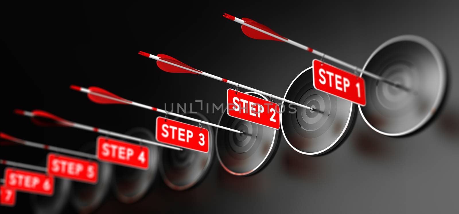 3D illustration of arrows with red signs hitting modern targets over black background. Training steps concept, horizontal image.