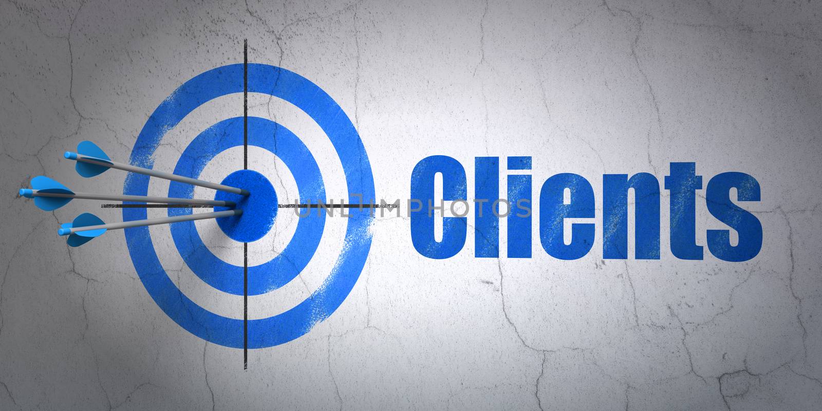 Success business concept: arrows hitting the center of target, Blue Clients on wall background, 3D rendering