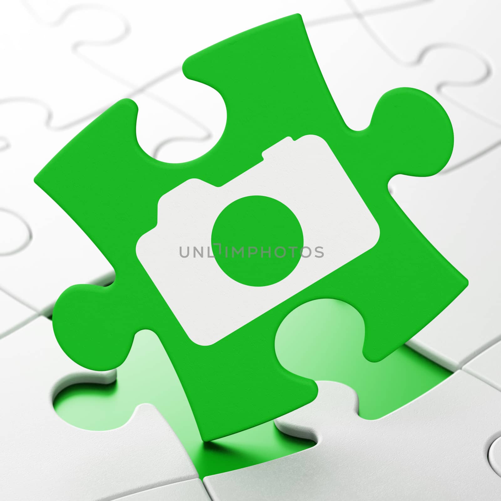 Travel concept: Photo Camera on Green puzzle pieces background, 3D rendering