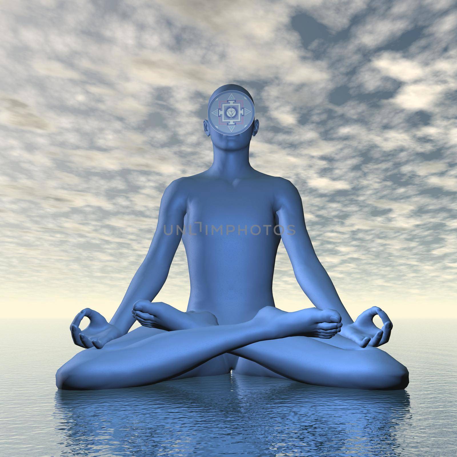 Silhouette of a man meditating with deep blue ajna or third-eye chakra symbol upon ocean in cloudy background - 3D render