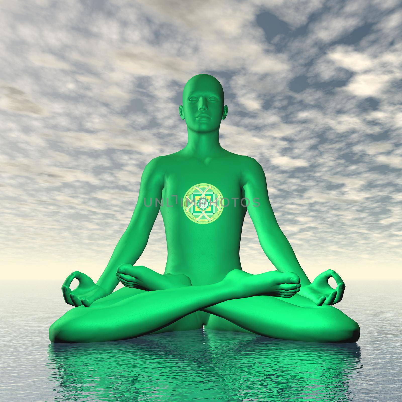 Silhouette of a man meditating with Green anahata or heart chakra symbol upon ocean in cloudy background - 3D render