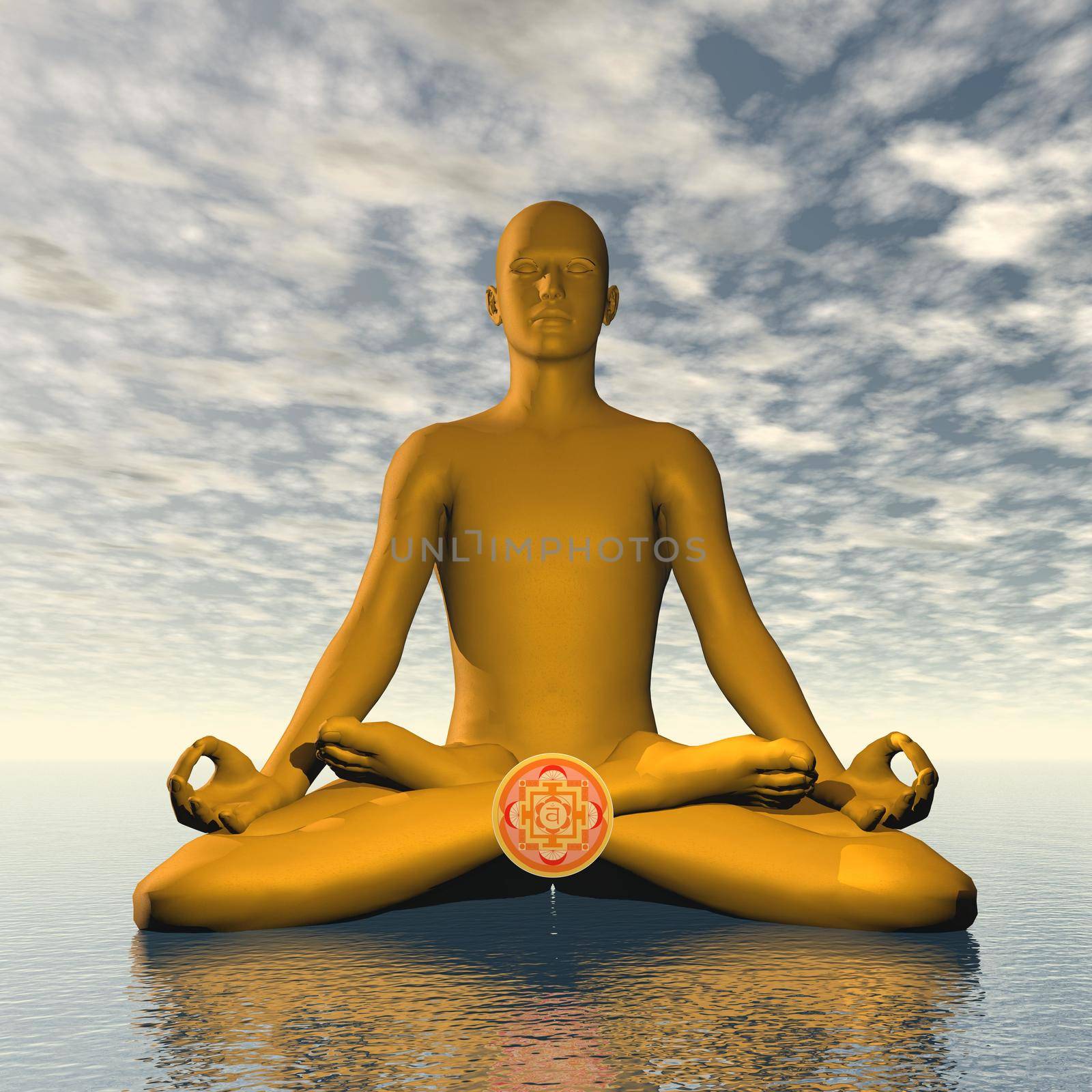 Orange svadhishthana or sacral chakra meditation - 3D render by Elenaphotos21
