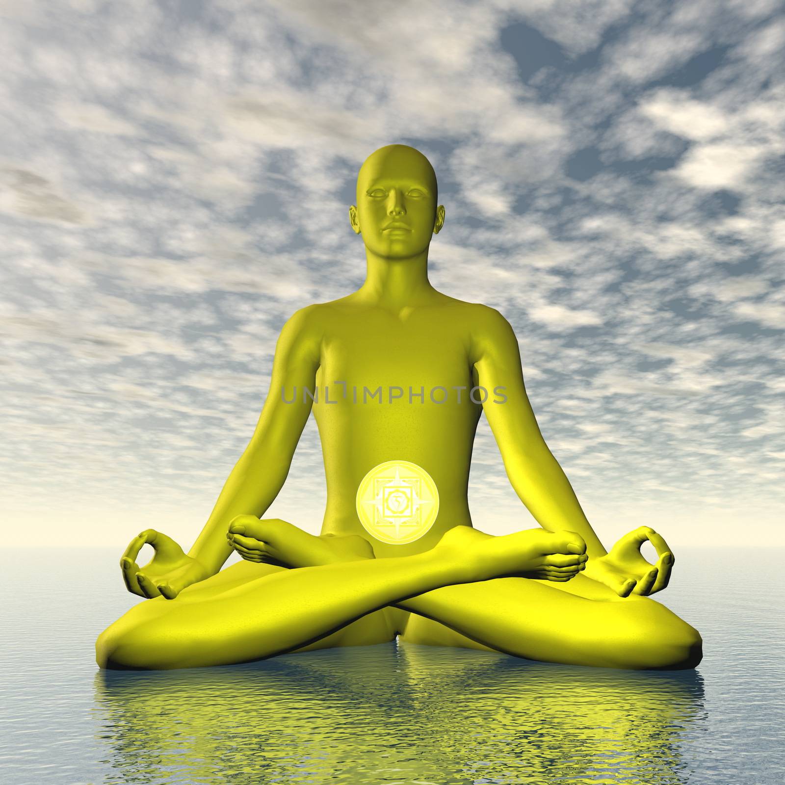 Silhouette of a man meditating with yellow manipura or solar plexus-navel chakra symbol upon ocean in cloudy background - 3D render