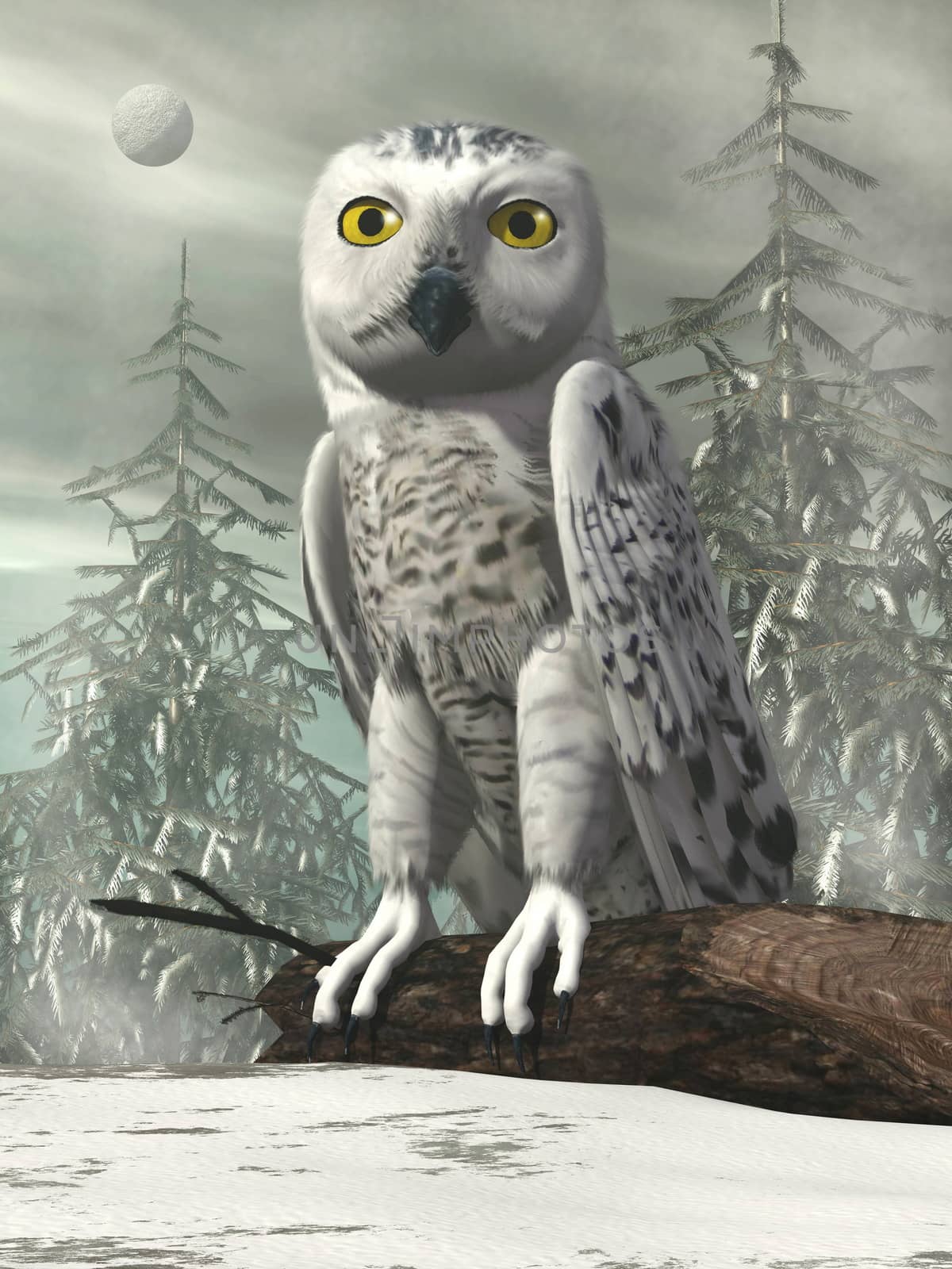 White owl standing on a dead trunk by winter day - 3D render