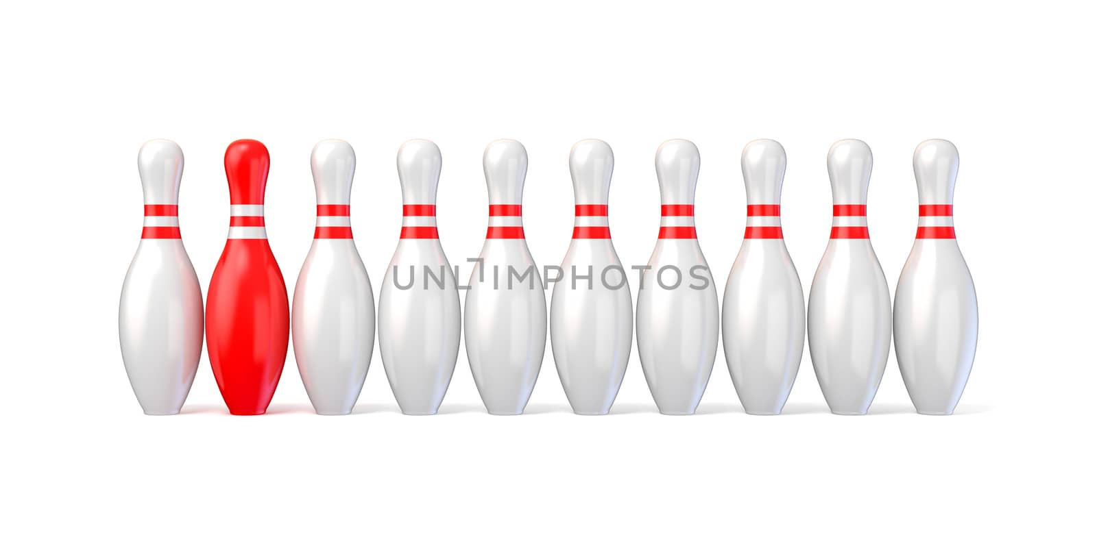 White bowling pins lined and red one. 3D render illustration isolated on white background