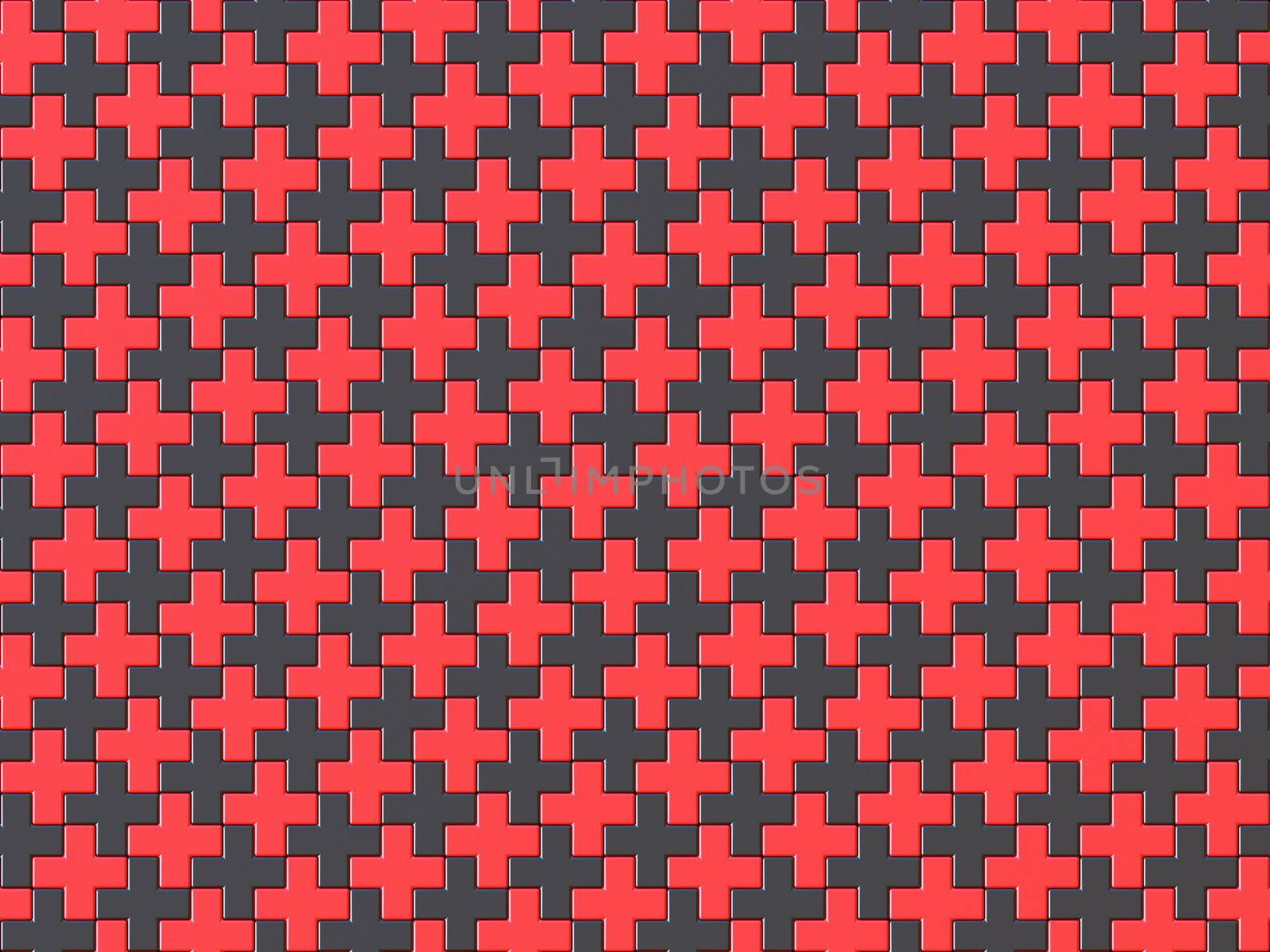 Black and red cross jigsaw puzzle background seamless pattern. 3D render illustration