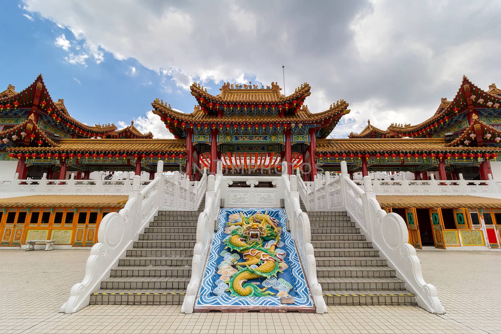 Thean Hou Temple courtyard and staircase atop Robson Heights in Kuala Lumpur Malaysia