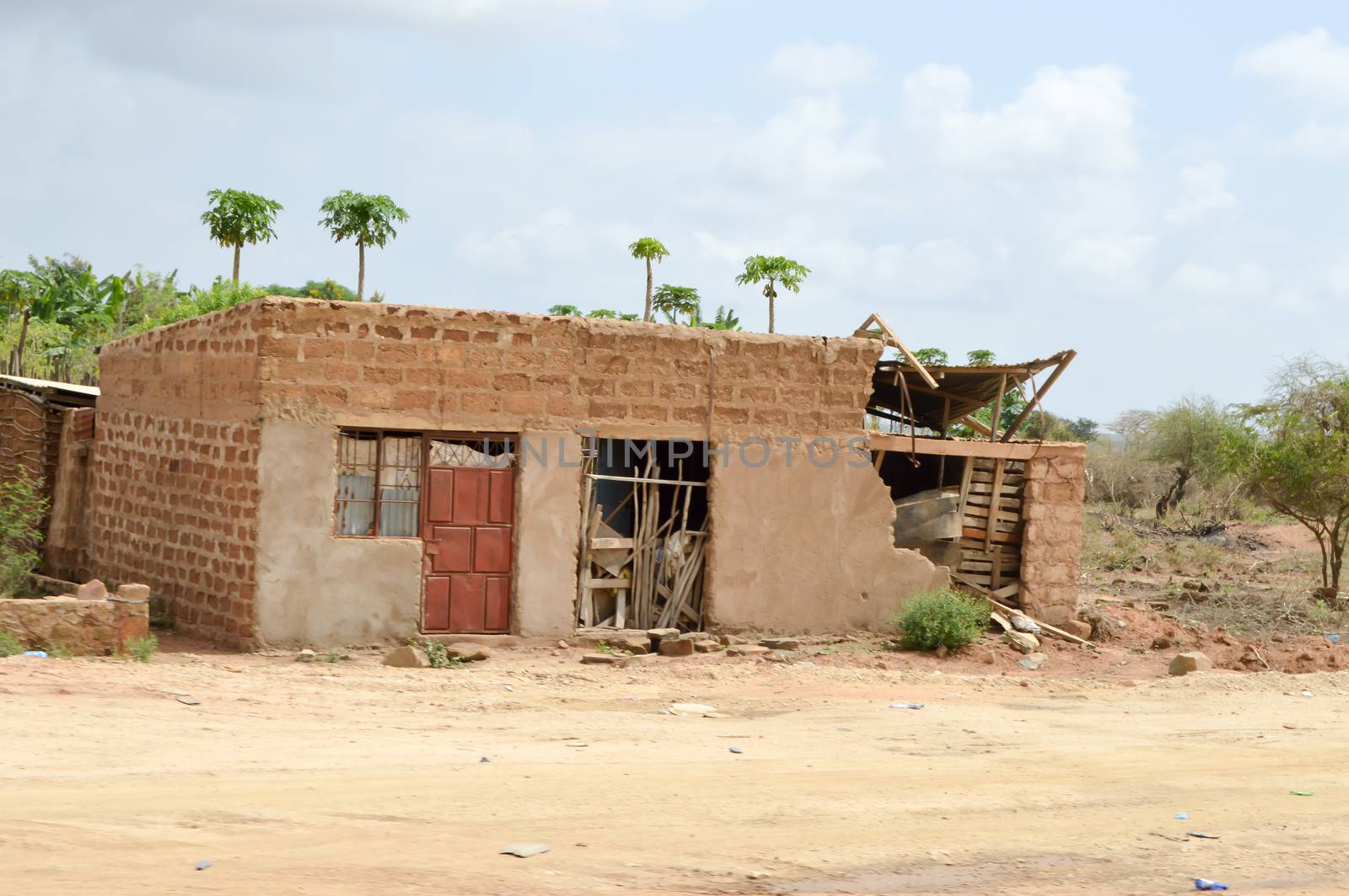 House in ruins on the road Mombasa towards Nairobi in Kenya