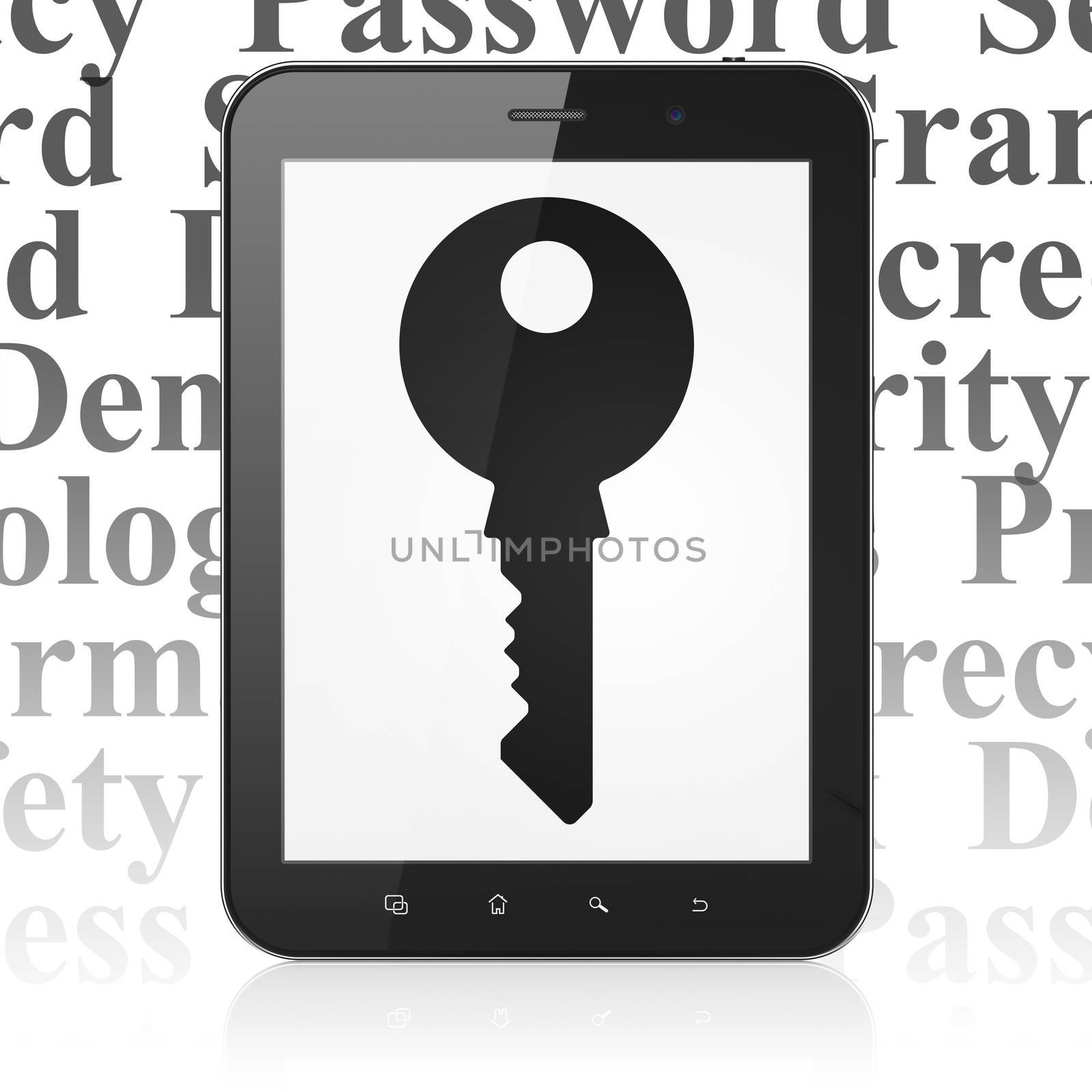 Security concept: Tablet Computer with  black Key icon on display,  Tag Cloud background, 3D rendering