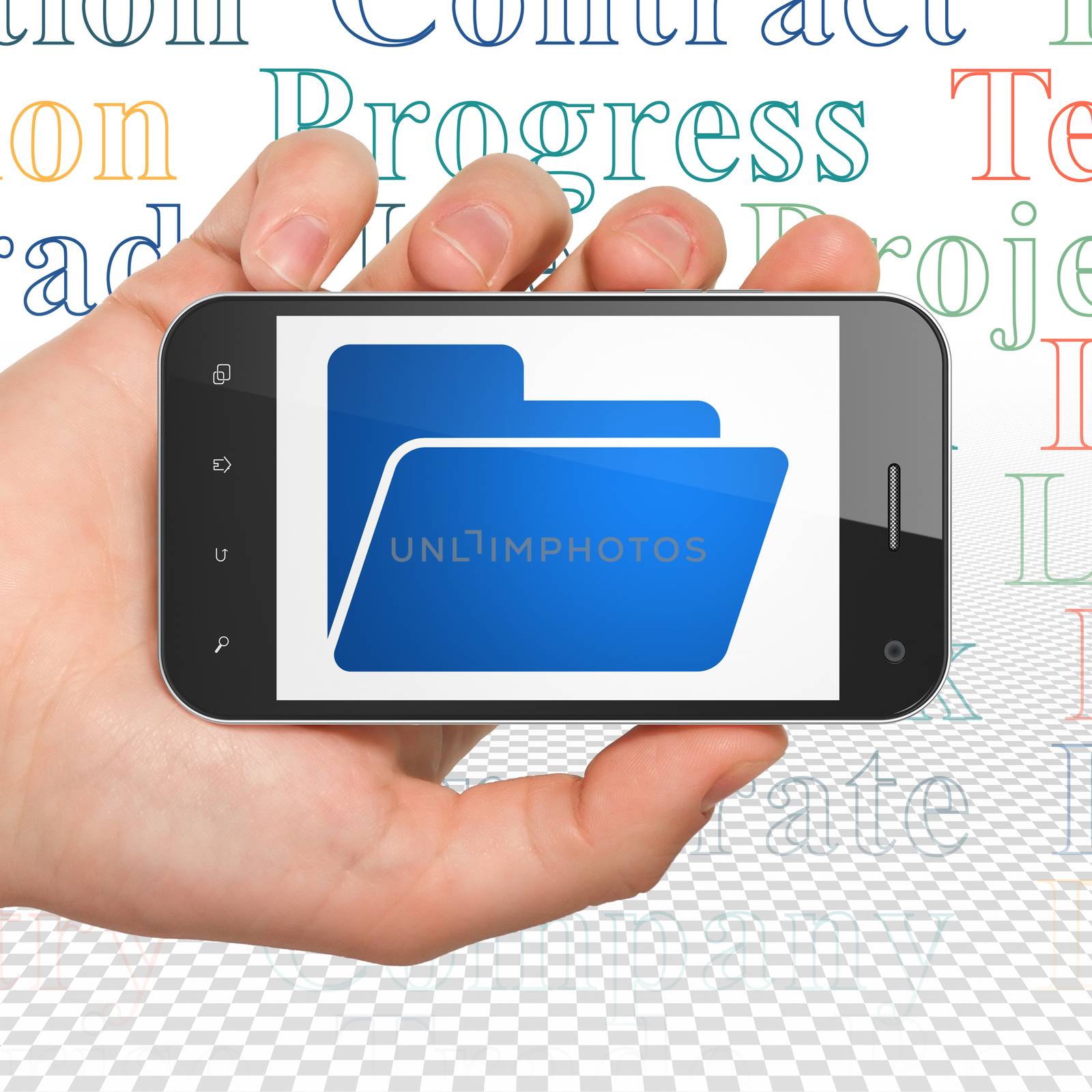 Finance concept: Hand Holding Smartphone with  blue Folder icon on display,  Tag Cloud background, 3D rendering