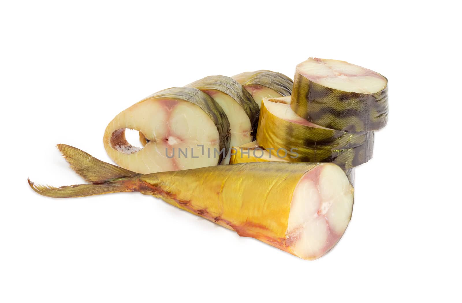 Several slices of a cold-smoked Atlantic mackerel on a light background
