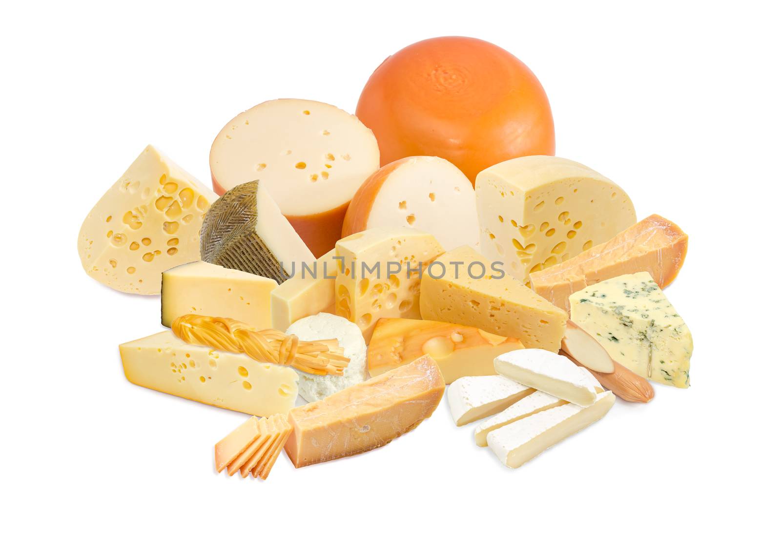 Different pieces of a hard cheese, semi-soft cheese and soft cheese various types on a light background
