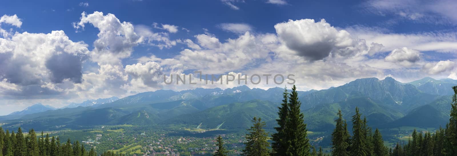 Panorama of mountains and town in the valley by anmbph