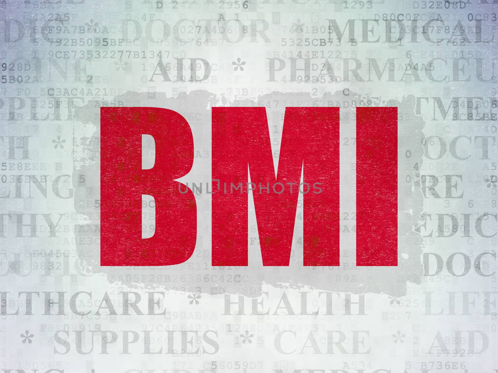 Medicine concept: Painted red text BMI on Digital Data Paper background with   Tag Cloud