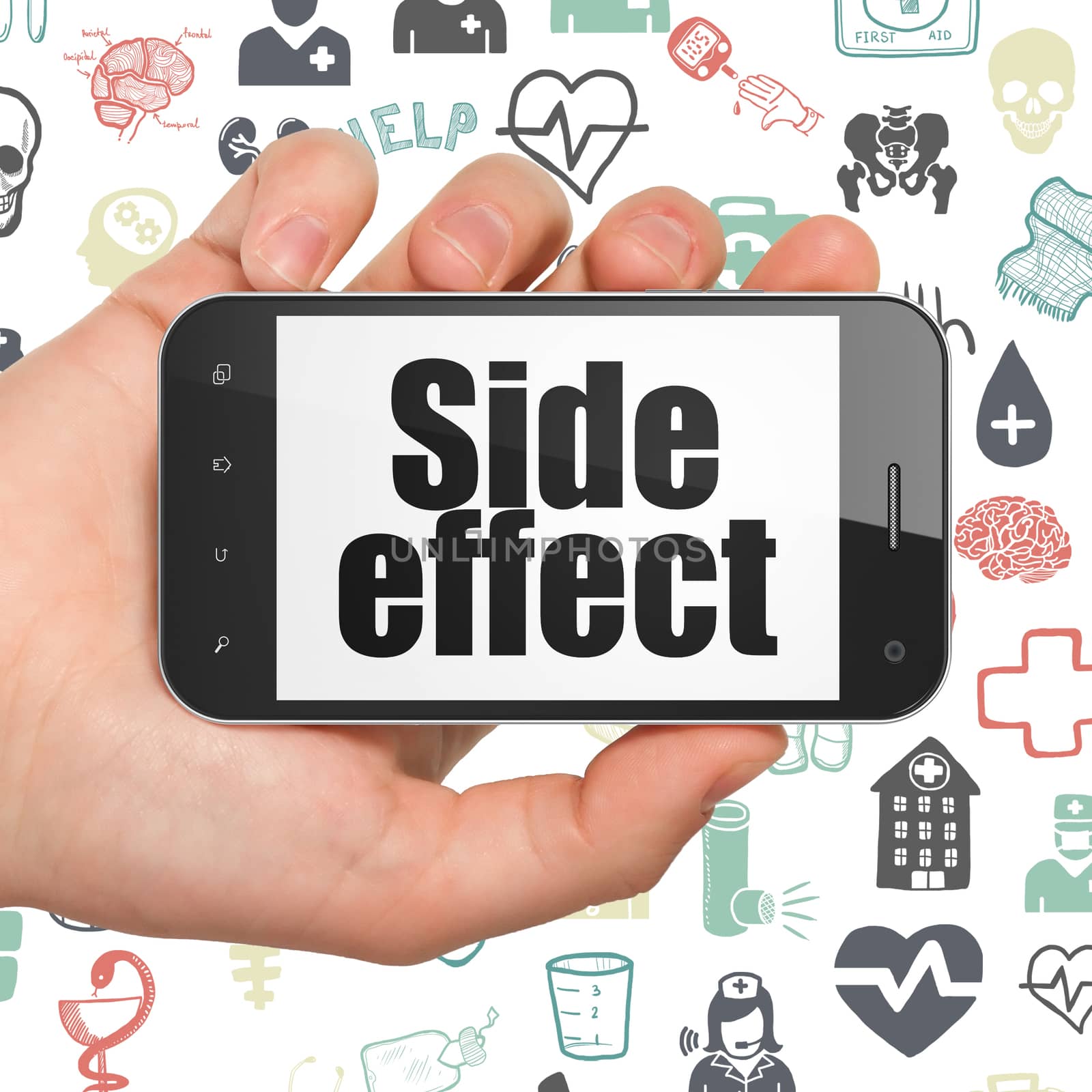 Health concept: Hand Holding Smartphone with  black text Side Effect on display,  Hand Drawn Medicine Icons background, 3D rendering