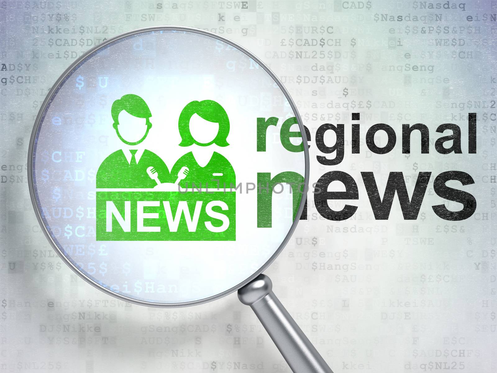 News concept: magnifying optical glass with Anchorman icon and Regional News word on digital background, 3D rendering