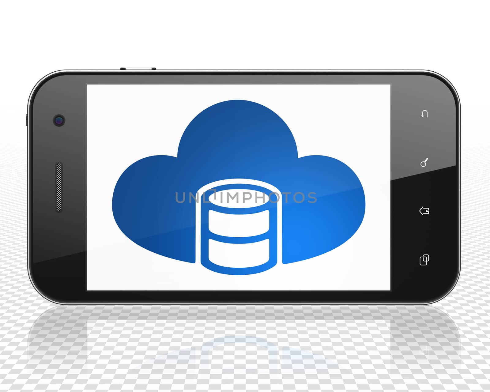 Programming concept: Smartphone with blue Database With Cloud icon on display, 3D rendering
