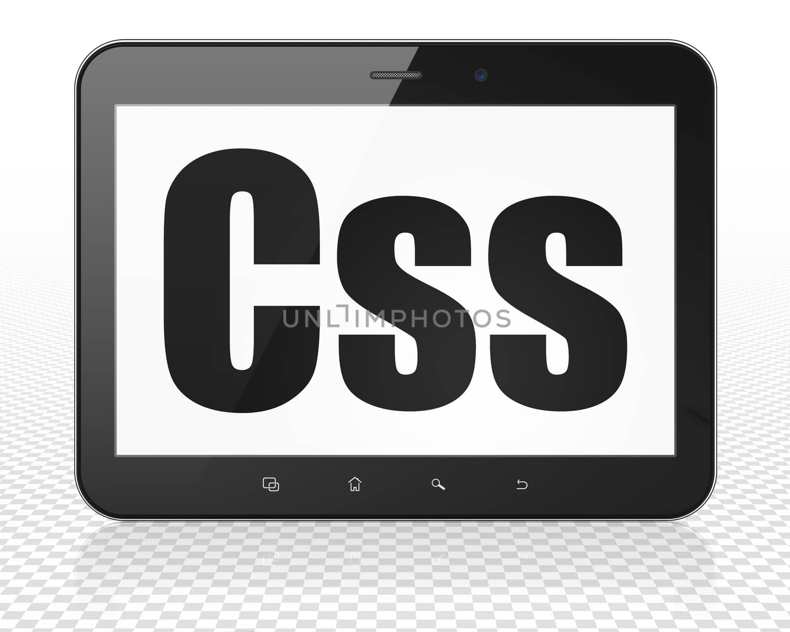 Database concept: Tablet Pc Computer with black text Css on display, 3D rendering