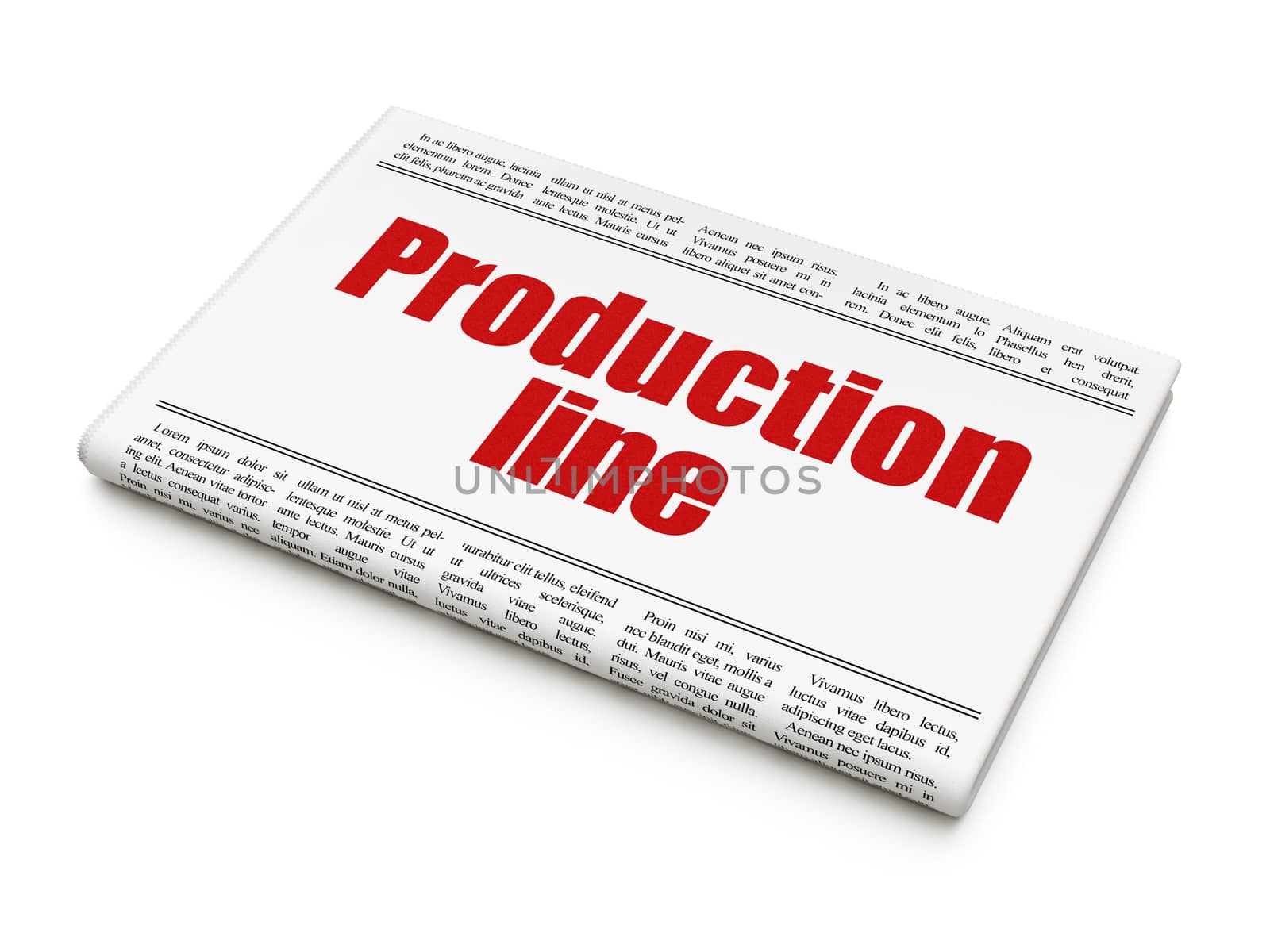Manufacuring concept: newspaper headline Production Line on White background, 3D rendering