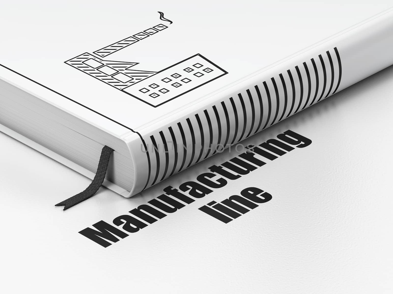 Industry concept: closed book with Black Industry Building icon and text Manufacturing Line on floor, white background, 3D rendering