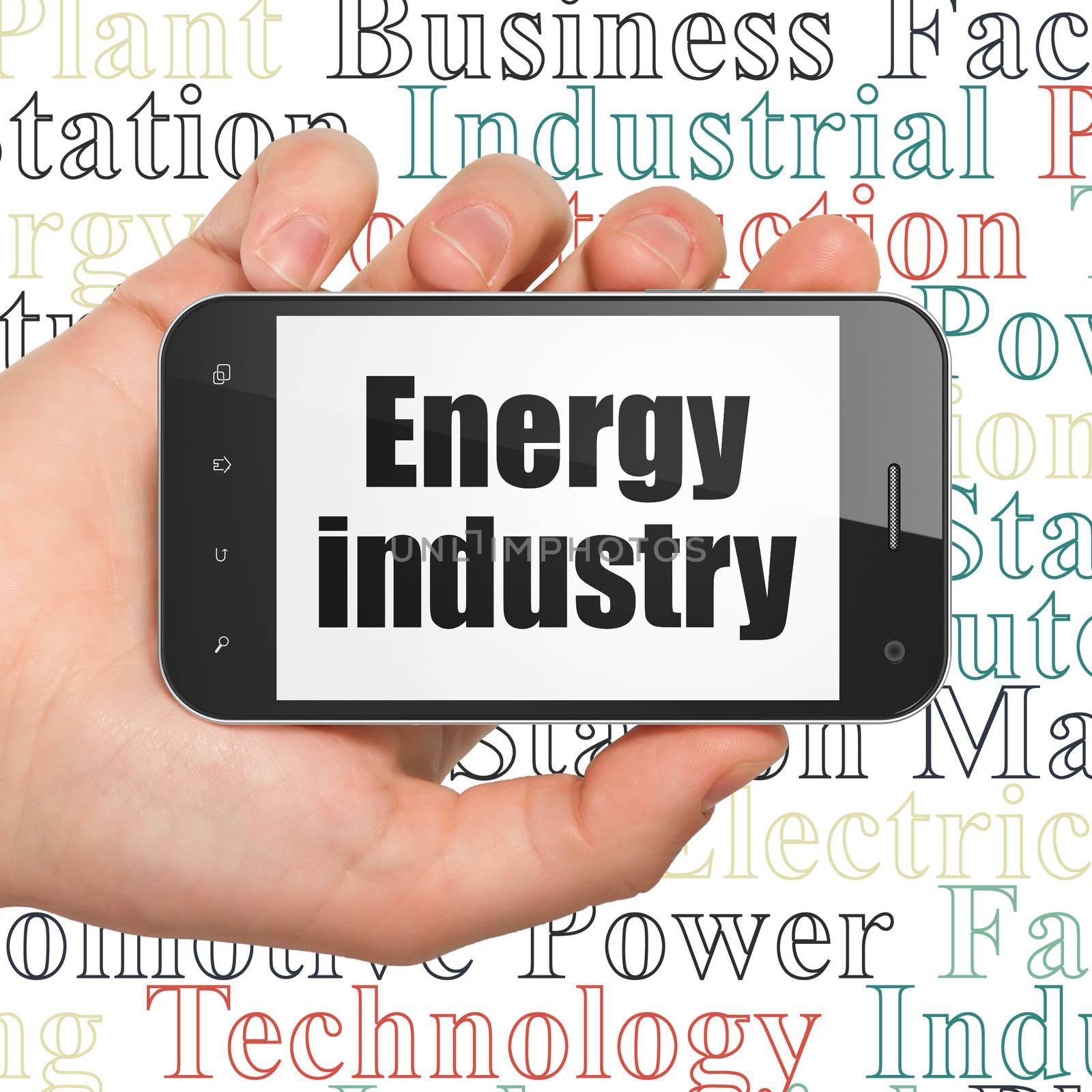 Industry concept: Hand Holding Smartphone with  black text Energy Industry on display,  Tag Cloud background, 3D rendering