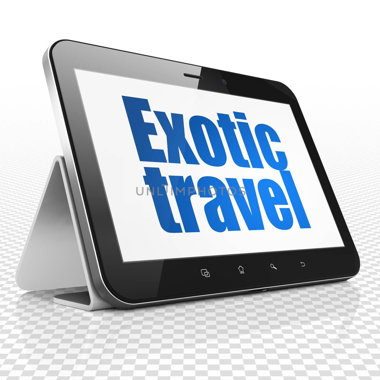 Travel concept: Tablet Computer with blue text Exotic Travel on display, 3D rendering