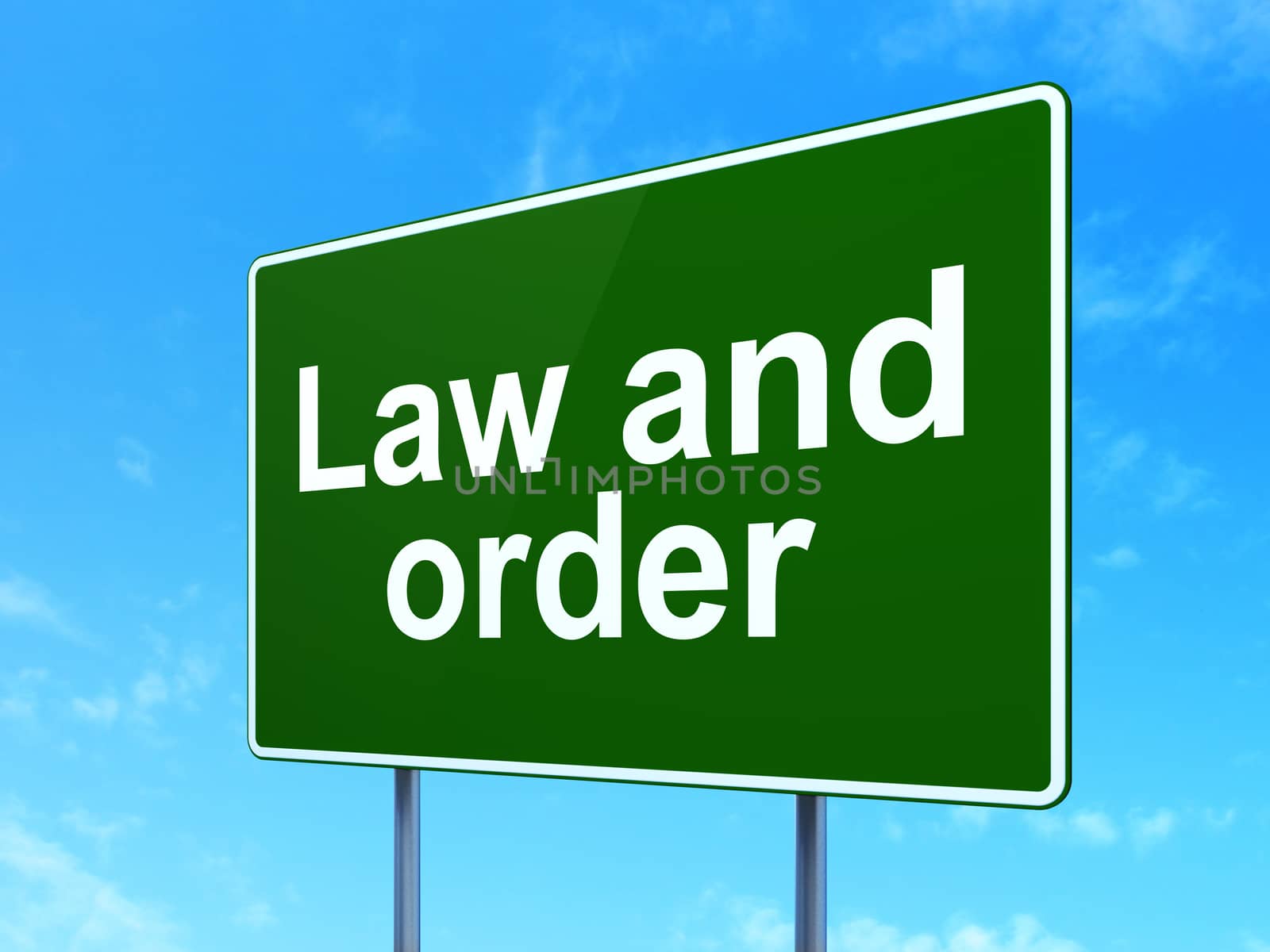 Law concept: Law And Order on green road highway sign, clear blue sky background, 3D rendering