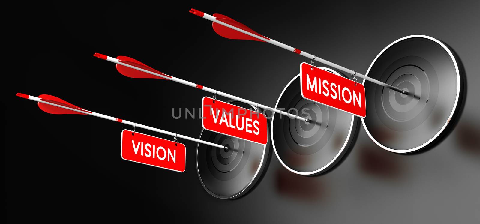 3D illustration of arrows with red signs where it is written vision, mission and values hitting modern targets over black background. Company statements concept, horizontal image.