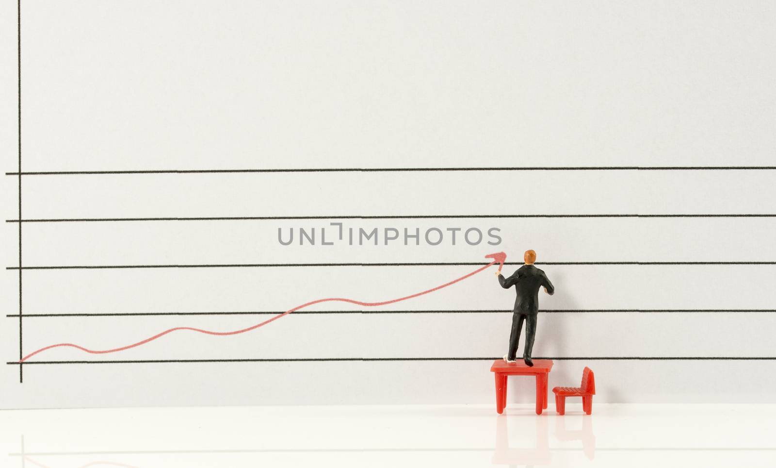 miniature man showing increase and grow of marketing by red graphic line
