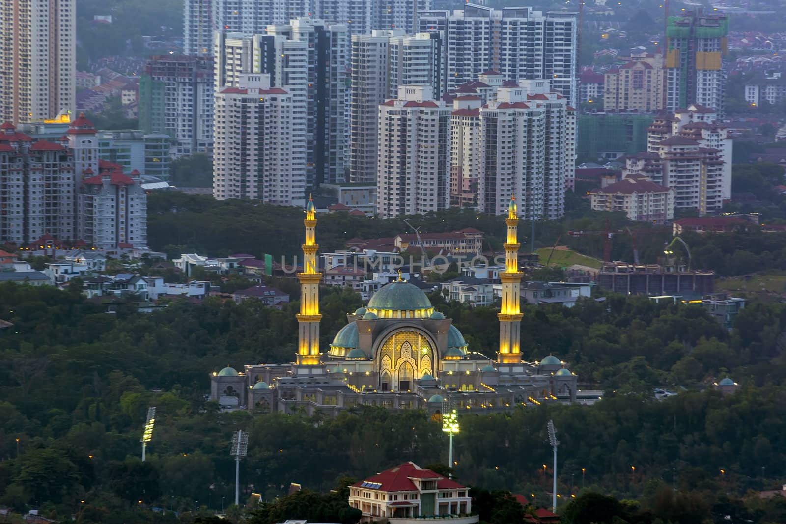 Federal Territory Mosque or Masjid Wilayah Persekutuan in Kuala Lumpur Malaysia at Dusk