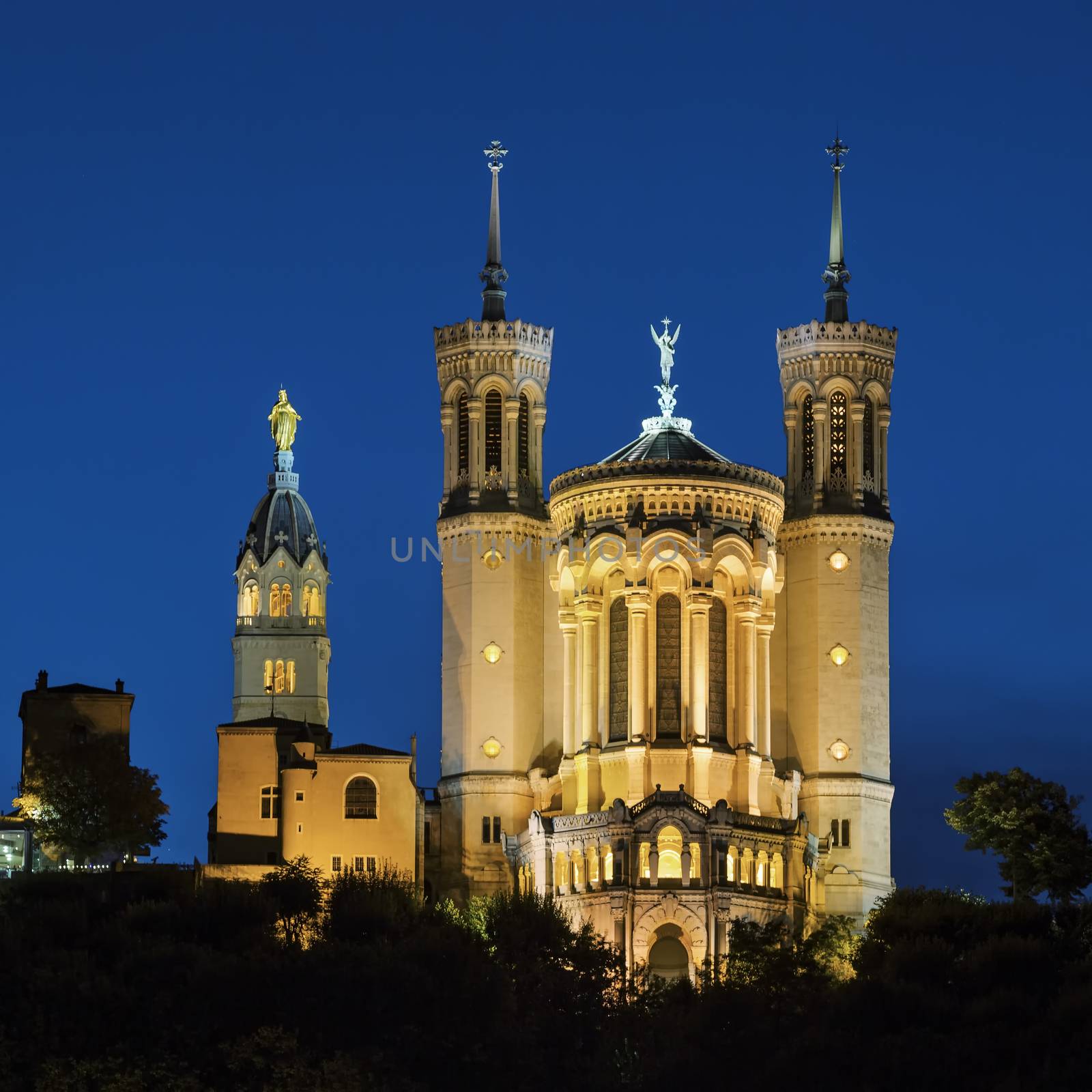 Basilica Notre Dame de fourviere in Lyon, France at night