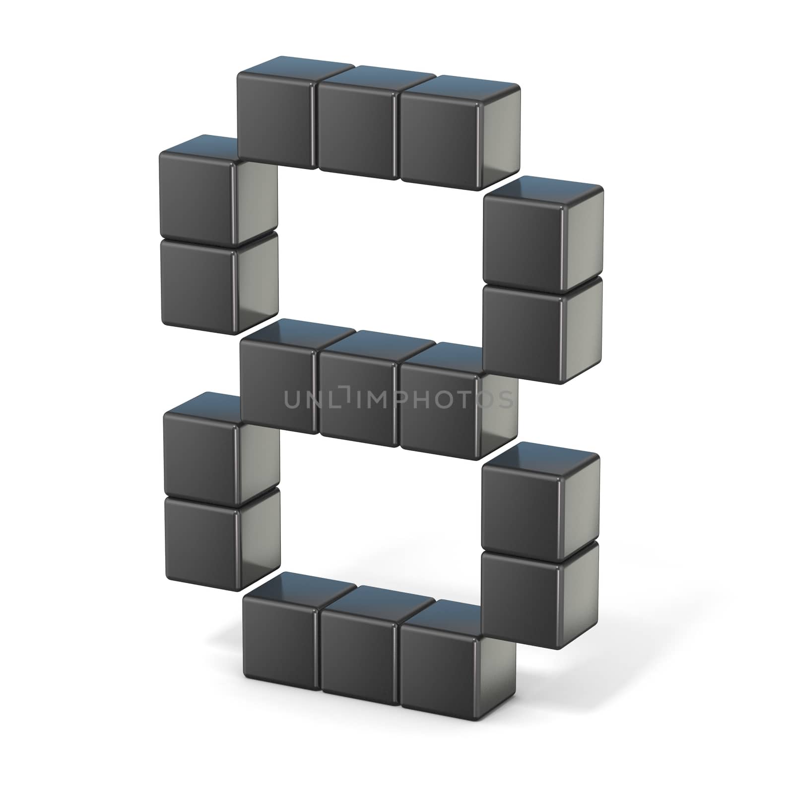 8 bit font. Number 8. 3D render illustration isolated on white background