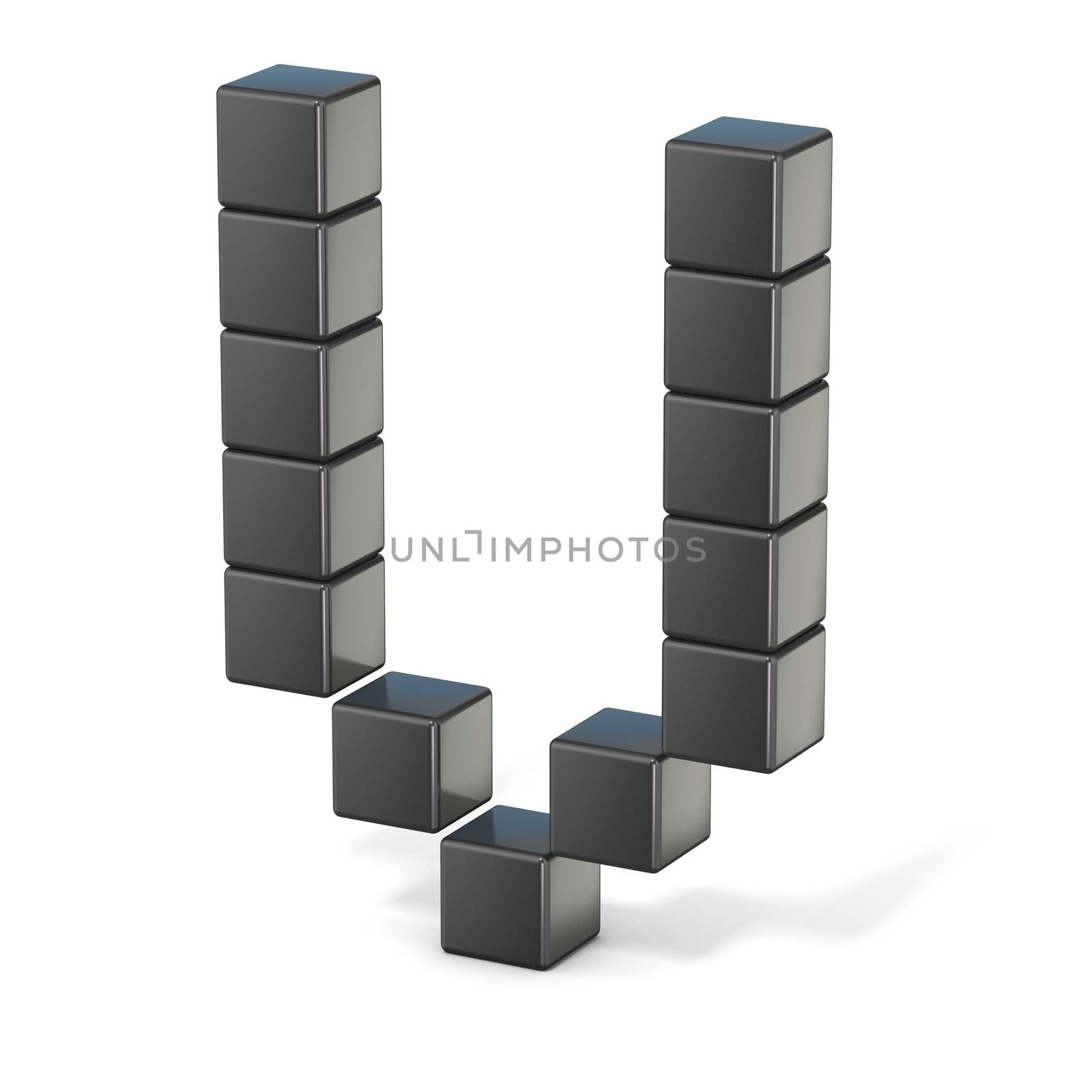8 bit font. Capital letter V. 3D render illustration isolated on white background