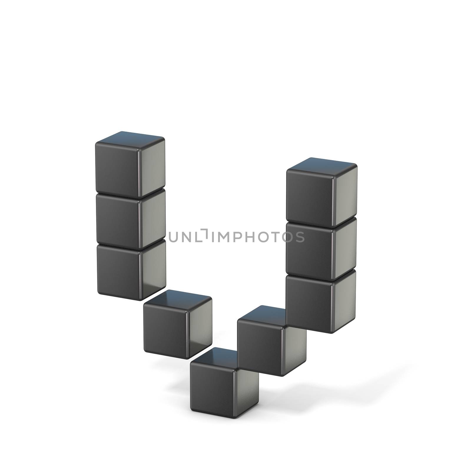 8 bit font. Lowercase letter V. 3D render illustration isolated on white background