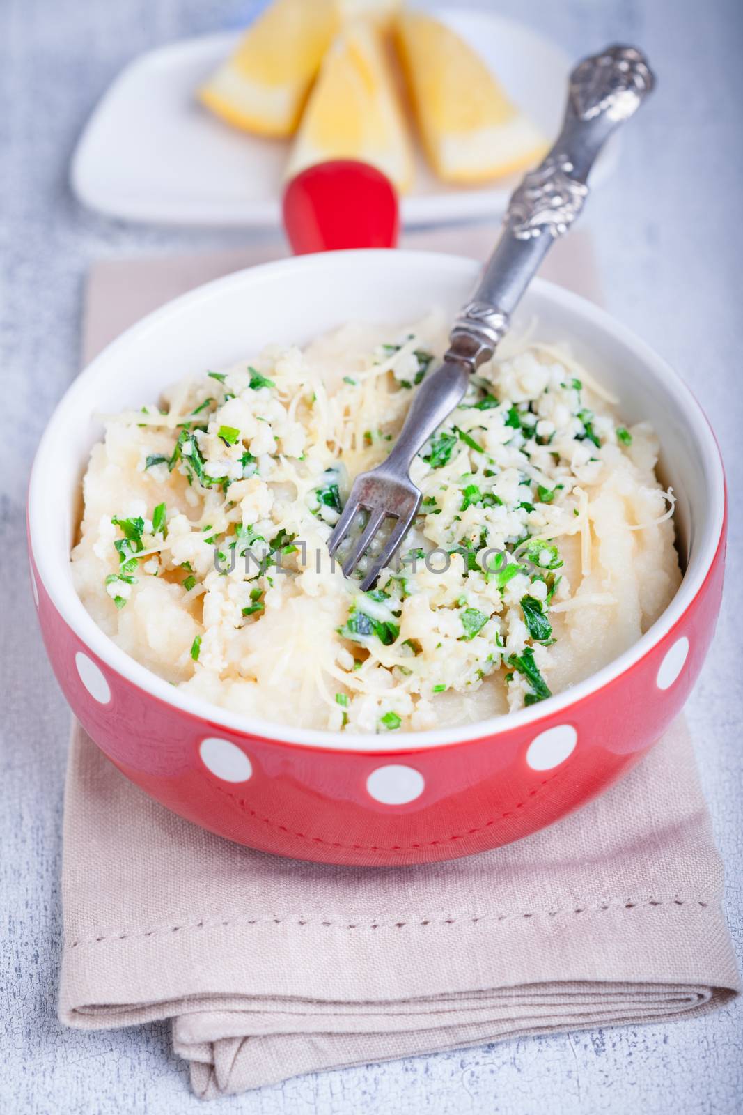 Fish pie with celery root on a napkin.